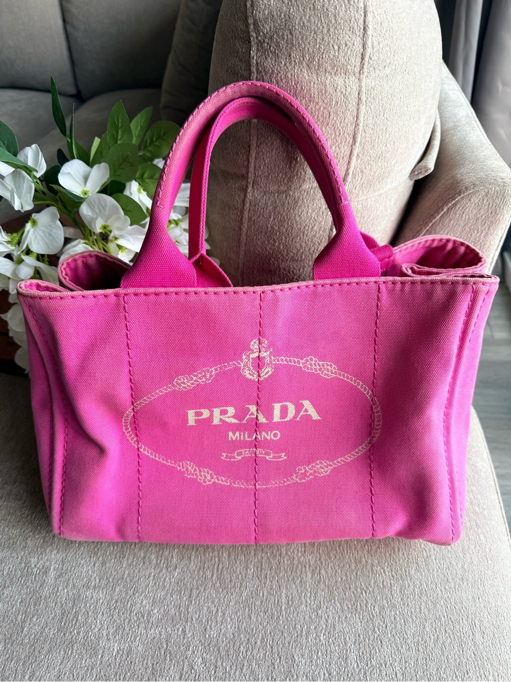 Prada Pink Large Canapa Canvas Tote Bag - PRADA Milano Authentic